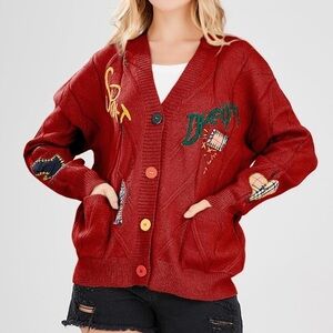 Ebossy‎ Cable Knit Long Sleeve V-Neck Button Down Embroidery Cardigan